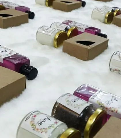 A closer look at the individual return gift sets. Each one contains a thoughtful selection of my best-selling organic bath and body products, perfect for saying thank you to your guests.