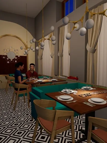 A 3D render of a classic and elegant restaurant interior. The design features patterned flooring, decorative wall moldings, and comfortable seating, creating a sophisticated and inviting atmosphere for diners.