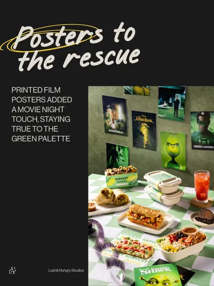 Sometimes, posters come to the rescue. To enhance the "movie night" theme for this shoot while sticking to the green palette, we used printed film posters like Shrek and The Grinch as background elements.