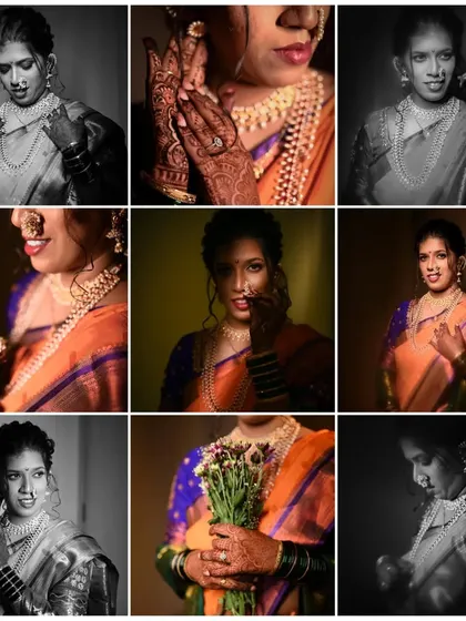 A grid of nine stunning bridal portraits, showcasing a variety of expressions and poses in both color and black and white.