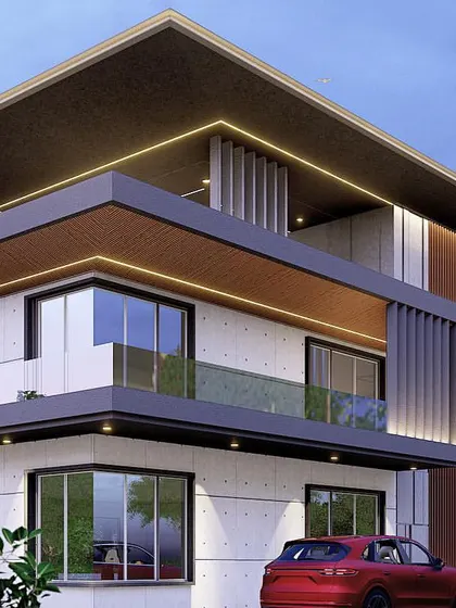 A full view of the 600 sq. yard residence, showing the relationship between the floating roof, cantilevered balconies, and the solid base. The design is a study in modern residential luxury.