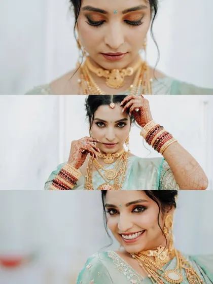 A collage of beautiful bridal portraits, showcasing the bride's expressive eyes, radiant smile, and elegant jewelry.