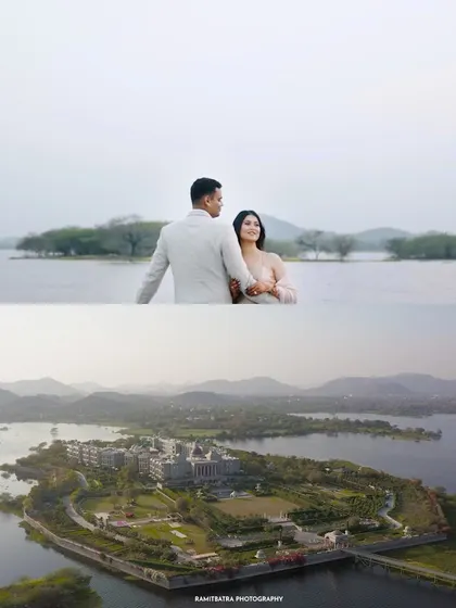 A collage combining a couple's portrait with a sweeping drone shot of the magnificent Raffles Udaipur island resort.