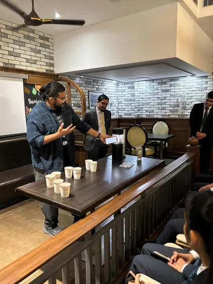 A hands-on demonstration during our session at Sushant University, showing students the equipment and process up close.