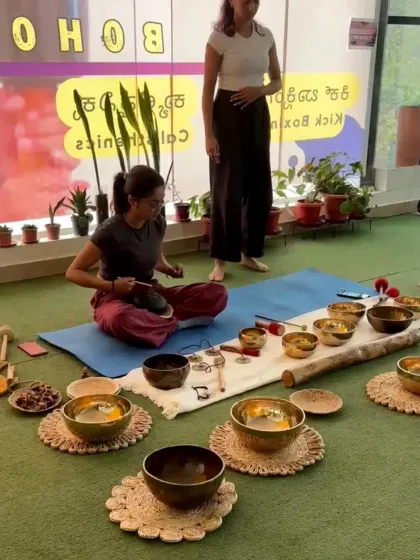 A look at our sound bath setup, with Tibetan singing bowls ready to create a healing atmosphere. This is where you come to reset.