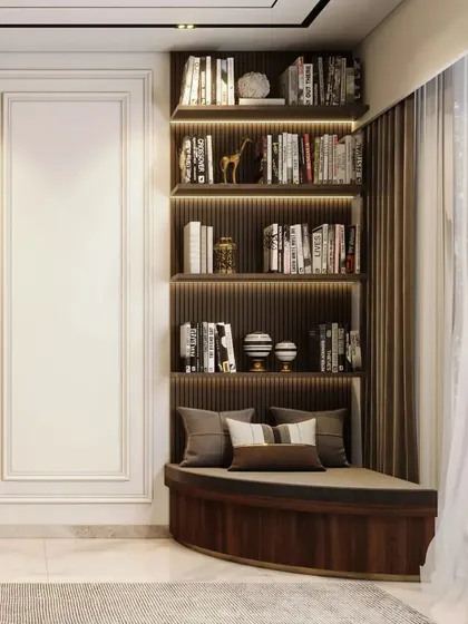 A duplicate of image 23, showcasing a beautifully designed reading nook with a curved window seat and built-in bookshelf.
