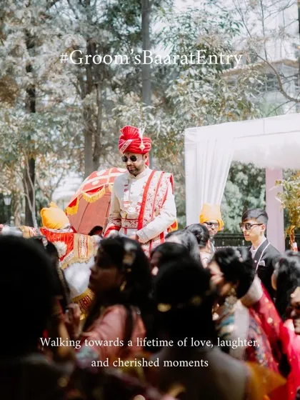 A shot of the groom's 'Baraat' procession, capturing the energy and anticipation of his arrival.