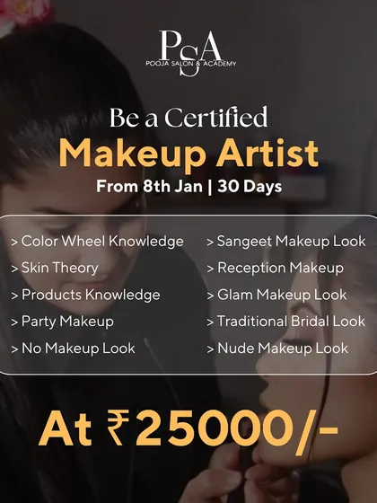 This poster details my 30-day certified makeup artist course. It covers everything from color wheel theory and skin prep to creating 7 distinct looks like bridal, sangeet, and glam makeup.