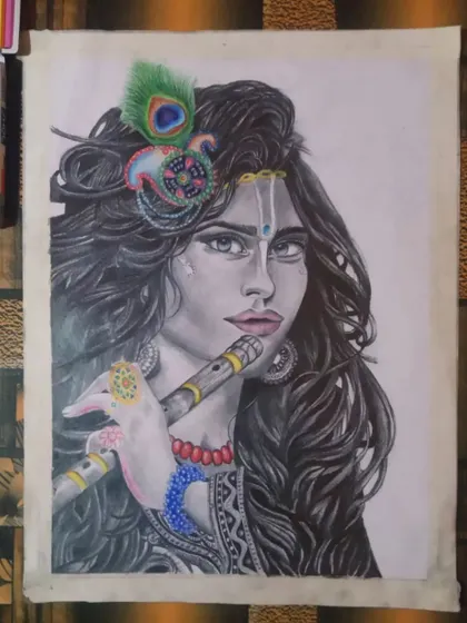 A portrait of Lord Krishna, created with a mix of graphite for the face and hair, and color pencils for the flute and peacock feather. This blend of styles creates a unique visual effect.