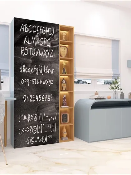 The study area in the futuristic room includes a chalkboard partition, perfect for doodling ideas and solving problems.