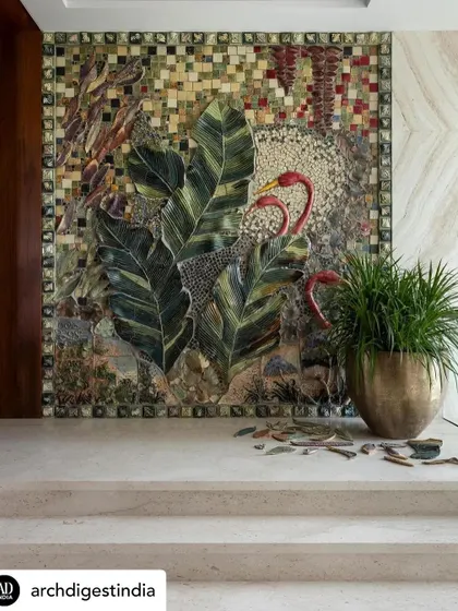 I have a deep love for collaborating with Indian artisans. This magnificent 30-foot ceramic mural, featuring flamingos among tropical leaves, was created piece by piece. It’s a unique, handcrafted feature that brings so much personality and a touch of the wild into the home.