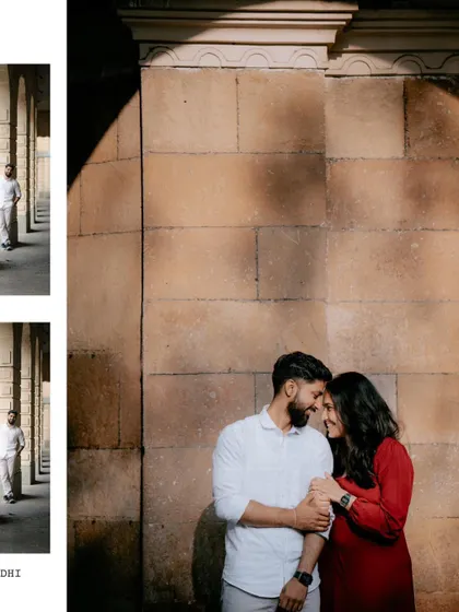 A collage showing a couple's intimate moments against a stone wall, with smaller portraits on the side. This layout highlights both the main portrait and other details from the shoot.