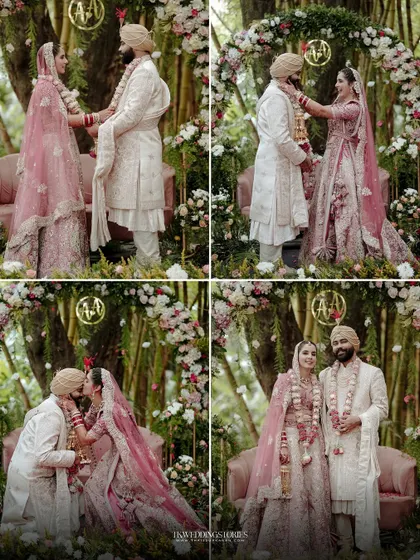 A four-panel collage showcasing the beautiful Varmala ceremony, from the exchange of garlands to the couple's portraits.