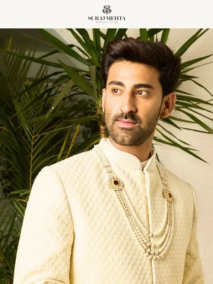 A close-up portrait showcasing the mandarin collar and fit of the off-white sherwani. Every detail is crafted to enhance the wearer's presence.