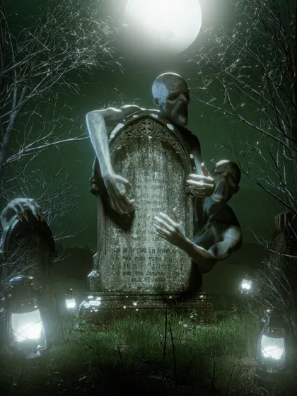 A scene depicting a necromancer, Aldric, rising from his grave on the island. I modeled the main character and his spectral thralls emerging from the tombstone, surrounded by lanterns and magical symbols to build a moment of dark ritual.