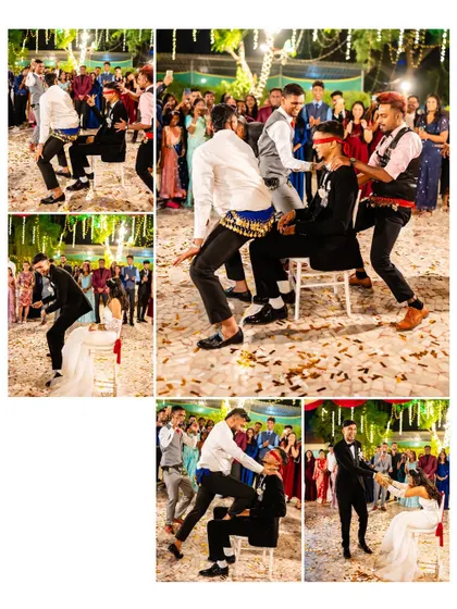 A collage capturing a fun wedding game with the groom and his friends. These are the hilarious, unscripted moments that make a reception memorable.