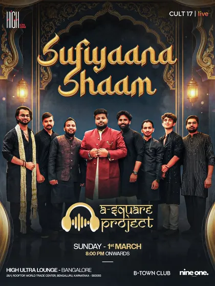 The poster for "Sufiyana Shaam," a rooftop Sufi music night. The elegant, ornate design perfectly matches the theme of the event, attracting a specific audience looking for a soulful experience.