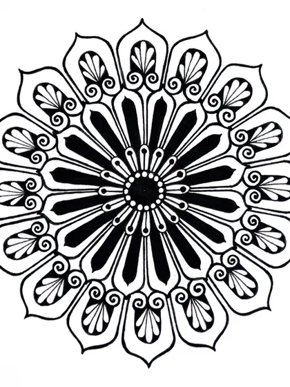 An intricate floral mandala with sharp, ray-like petals. The contrast between the solid black lines and the white space makes the design pop.