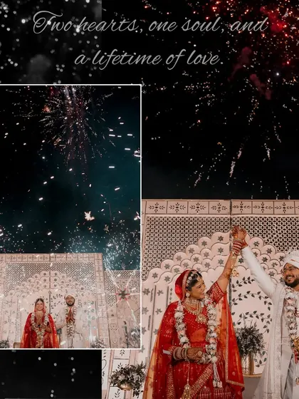 A collage celebrating the couple's union under a sky lit with fireworks. These images capture the grandeur of the venue and the joy of the couple as they embark on their new journey together.