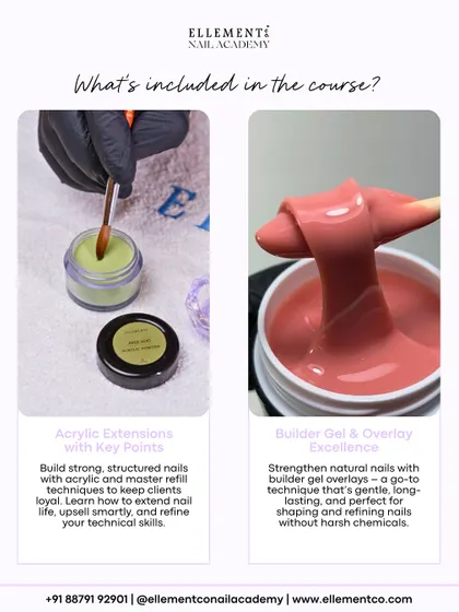 A closer look at what's included in our courses. Learn to build strong, structured nails with acrylic extensions and master gentle, long-lasting builder gel overlays for natural nails.