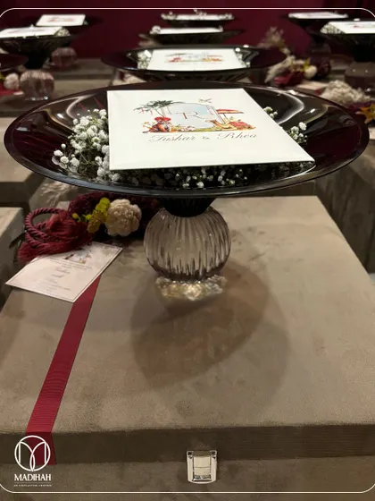 A clean, elegant shot of the Crimson Crystal Bowl on its pedestal, holding a custom-designed card. This is a simple yet powerful way to present a thank you gift or announcement.