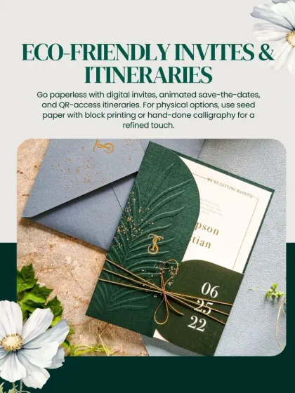Eco-friendly digital invites and itineraries not only save paper but can also be beautifully designed. For physical invites, we can use options like seed paper.