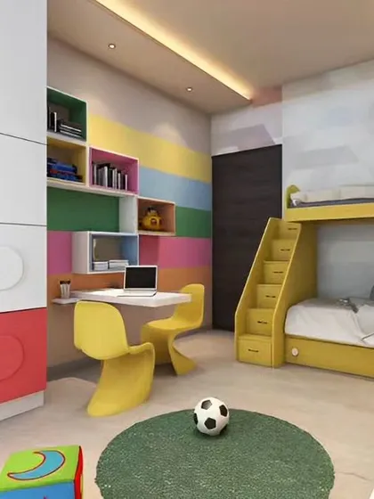 A colorful and fun kids' room with a Lego-inspired wardrobe and a yellow bunk bed. The integrated desk and shelving provide a great space for study and hobbies.