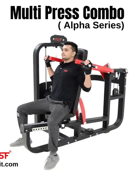 A user performs a seated shoulder press on the Alpha Series Multi Press Combo.