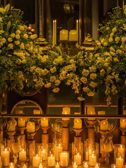 A stunning Diwali decor setup, with a cascade of candles creating a warm, magical glow. The scene is topped with lush arrangements of yellow flowers, embodying the spirit of the festival of lights.