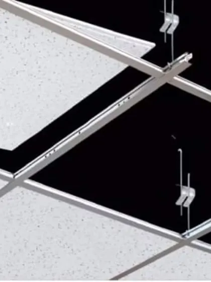 These images provide a technical look at a suspended grid ceiling system. They show the T-grid channels, hooks, clips, and fiber boards used to create a neat and functional false ceiling.