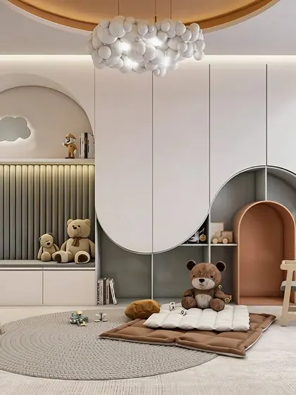 Another view of this elegant playroom, showing the built-in seating bench and creative storage solutions. The design is both sophisticated and child-friendly, perfect for a modern family home.