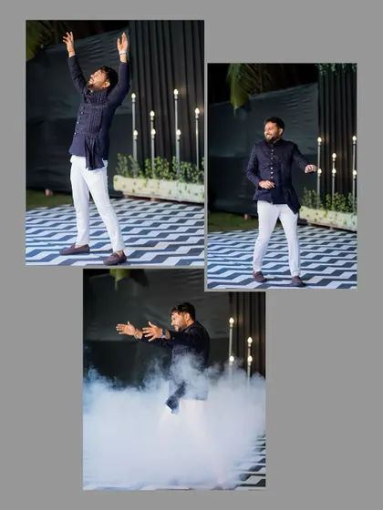 A collage of the groom's energetic solo performance at the Sangeet, complete with dramatic smoke effects.