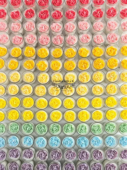 A rainbow of gratitude! This stunning array of 160 peony votive jar candles was created for Ivan's First Holy Communion, with colors chosen by his mother.