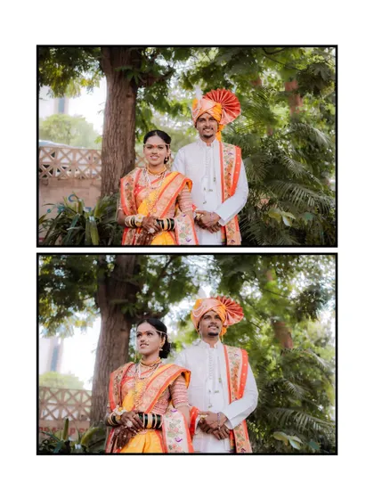 A set of two classic, formal portraits of the bride and groom, showcasing their traditional wedding outfits.