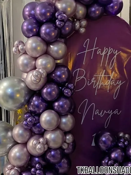 For a sophisticated and modern birthday celebration, I designed this arch with chrome purple, pastel, and silver balloons. The custom arched backdrop with elegant script adds a personalized touch, perfect for creating a stylish photo corner.