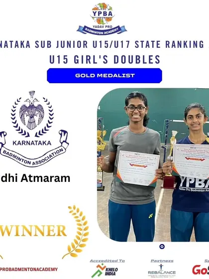 Nidhi Atmaram winning the U15 Girl's Doubles Gold at the Karnataka Sub Junior State Ranking in Davangere.