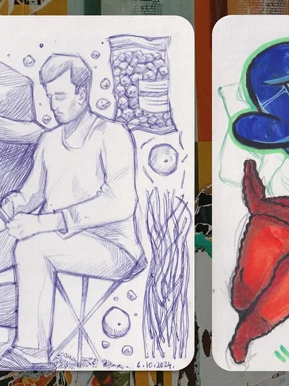 This spread shows the variety within my sketchbook. One page features a detailed scene of market vendors drawn with a blue ballpoint pen, while the opposite page is a bold, colorful exploration of graffiti art and figure drawing.
