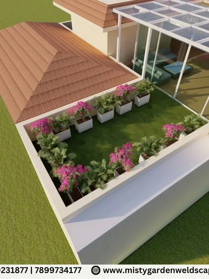 This 3D model shows the integration of a new terrace structure with an existing sloped roof, demonstrating our ability to create custom solutions that fit your home's unique design.