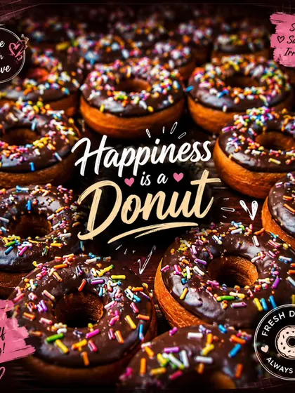 Chocolate donuts and sprinkles fill our dessert display, with the words "Happiness is a Donut" across the middle.