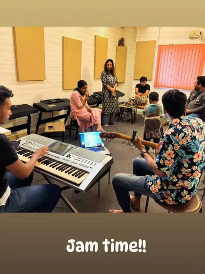 It's jam time in the studio. We encourage spontaneous music sessions where students and teachers across different instruments like keyboard, guitar, and tabla can collaborate and create together.