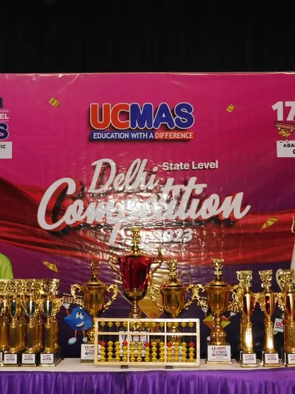 Another look at the stage set for the 17th Delhi State Level Competition awards. The numerous trophies represent our commitment to celebrating the success and dedication of every participating student.