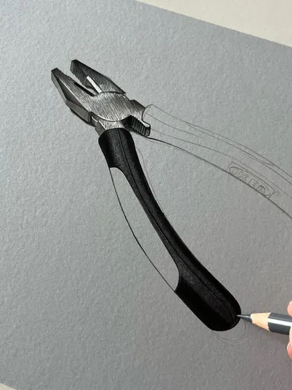 A work-in-progress shot of the pliers drawing. Here you can see the underlying sketch and how I am slowly building up the layers of color to create a realistic metallic texture.