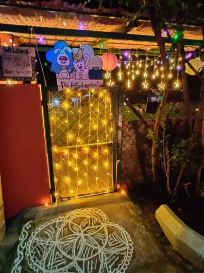 Our main gate, all dressed up for Diwali with lights and a beautiful rangoli, welcoming everyone to a safe celebration.