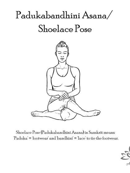 Padukabandhini Asana (Shoelace Pose) deeply stretches the hips and outer thighs, tones reproductive organs, and calms the mind.