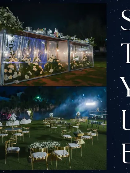 We collaborate with top event planners to integrate our bar seamlessly into the overall decor. This collage shows our bar setup within a stylish, open-air event layout.