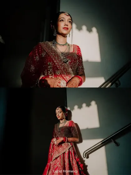A diptych of the bride on a staircase, using dramatic lighting to create a powerful and artistic bridal portrait.