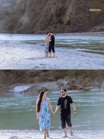 A two-photo collage showing a couple's intimate and walking poses on a beautiful, sunlit beach by the river.