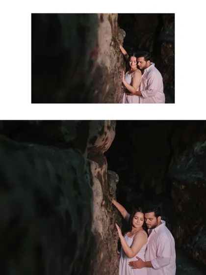 An intimate portrait of the couple inside a rocky cave, using natural light to create a soft and romantic mood for their pre-wedding shoot.