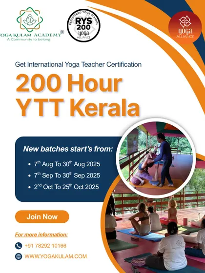Join our internationally recognized 200-hour Yoga Teacher Training in Kerala. This poster outlines the upcoming batches and shows students learning alignment from an instructor in our beautiful, open-air shala.