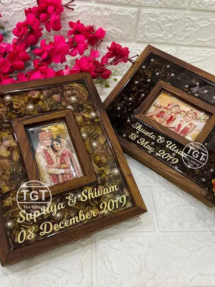 This image shows two of my teakwood frame designs side-by-side, demonstrating how different fillings can create completely different moods.